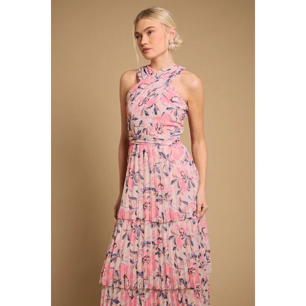 Robe Maxi À Étages Plissés Avec Encolure Américaine