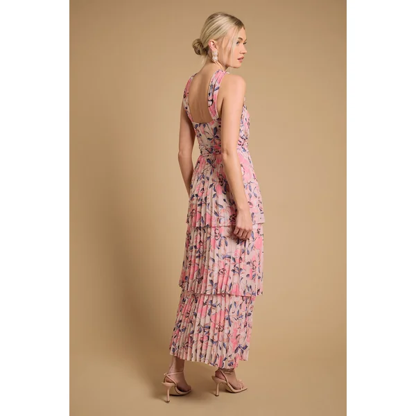 Robe Maxi À Étages Plissés Avec Encolure Américaine