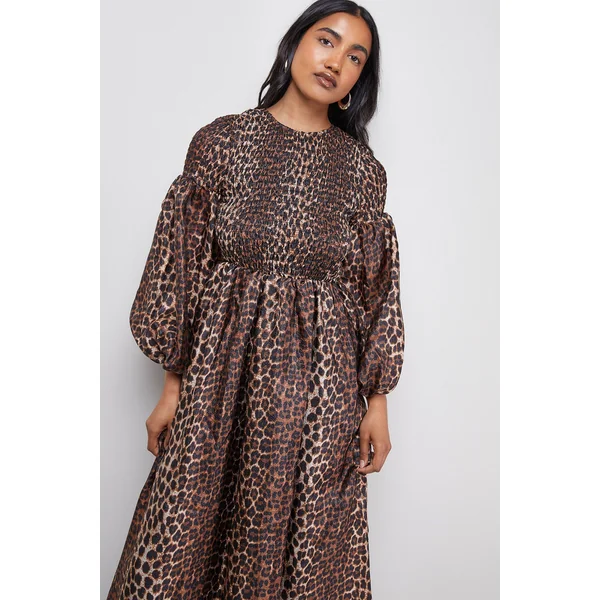 Robe Midaxi Froncée en Organza Texturé