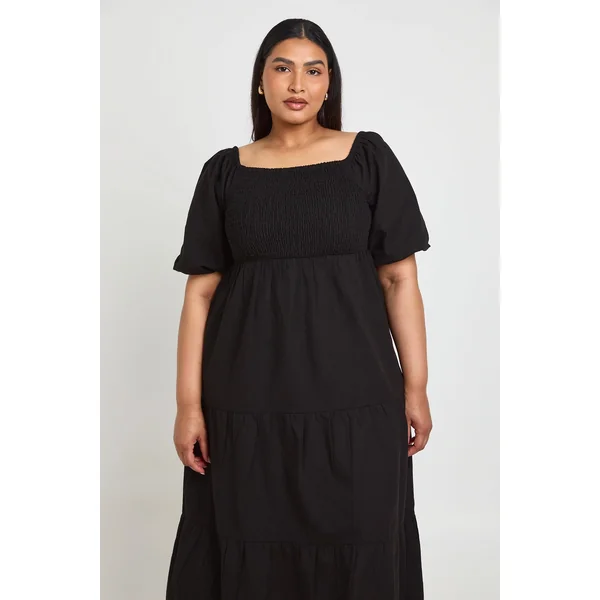 Robe Midaxi Grande Taille À Volants Étagés Et Manches Volumineuses Effet Lin