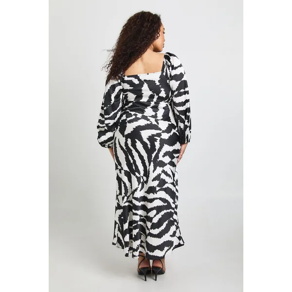 Robe Midaxi Satinée à Manches Volumineuses Imprimé Animalier Mixte Grande Taille