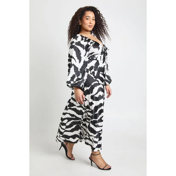 Robe Midaxi Satinée à Manches Volumineuses Imprimé Animalier Mixte Grande Taille