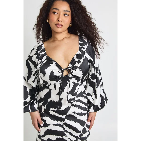 Robe Midaxi Satinée à Manches Volumineuses Imprimé Animalier Mixte Grande Taille
