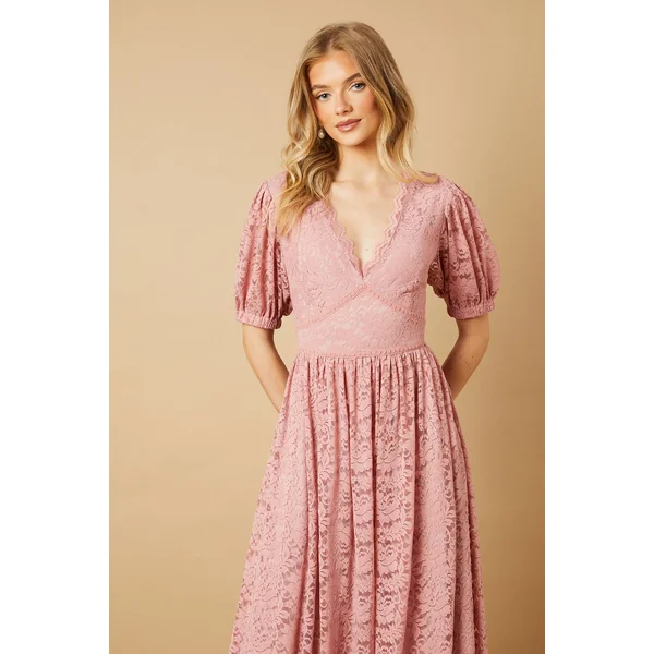 Robe Midaxi à Col V avec Manches Bouffantes en Dentelle