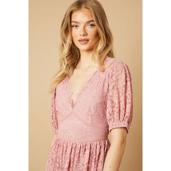 Robe Midaxi à Col V avec Manches Bouffantes en Dentelle