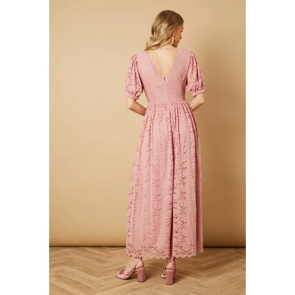 Robe Midaxi à Col V avec Manches Bouffantes en Dentelle