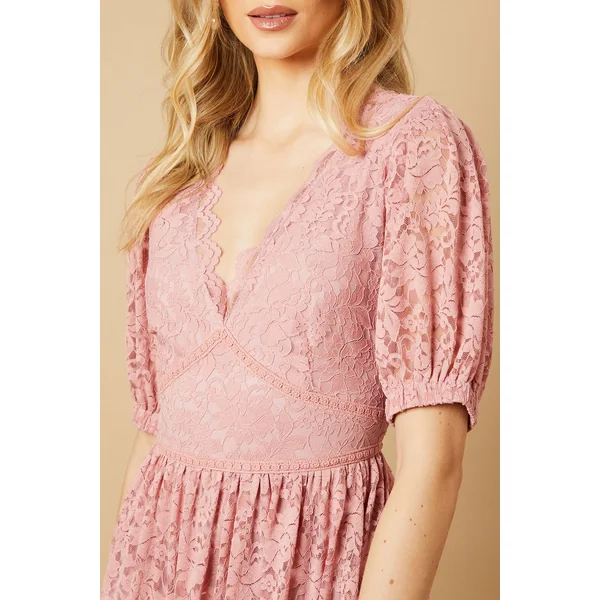 Robe Midaxi à Col V avec Manches Bouffantes en Dentelle