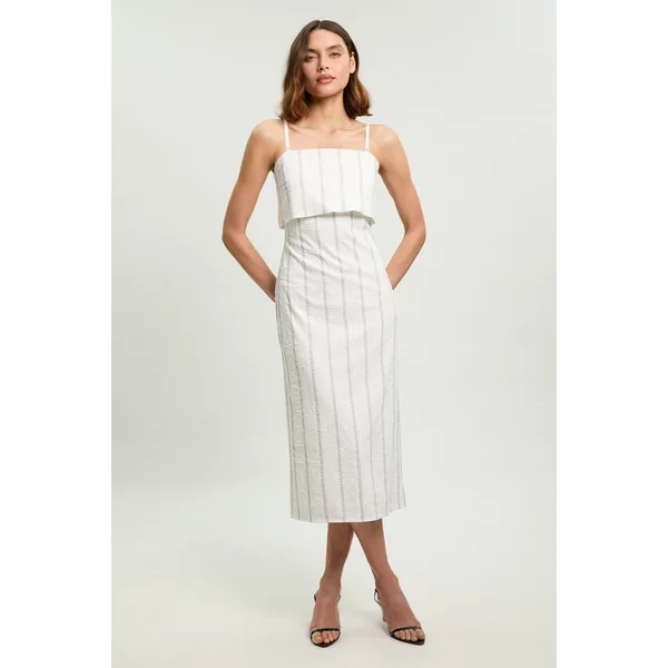 Robe Midi Ajustée Bandeau À Rayures Fines Texturées