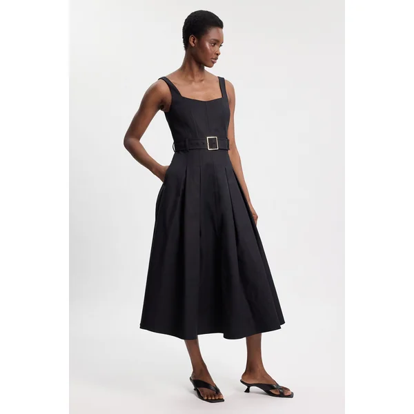 Robe Midi Ajustée En Coton Premium Avec Ceinture À Boucle Petite