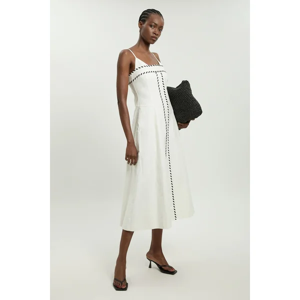 Robe Midi Ajustée En Mélange De Lin Avec Surpiqûres Contrastées Petite