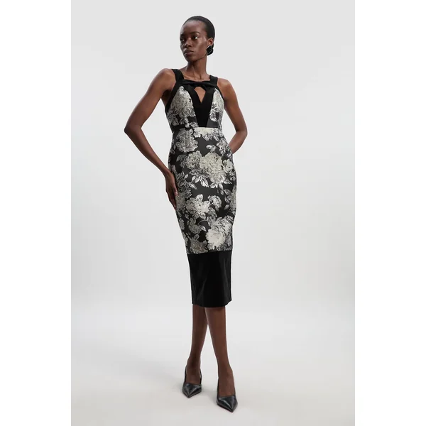 Robe Midi Ajustée à Bretelles Contrastantes en Velours et Jacquard