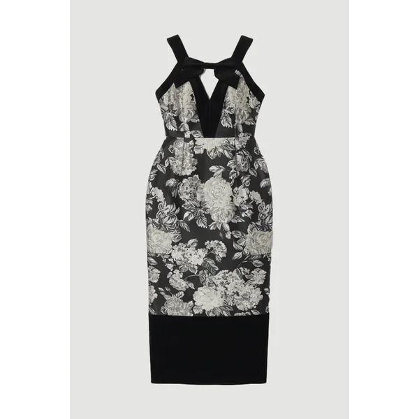 Robe Midi Ajustée à Bretelles Contrastantes en Velours et Jacquard