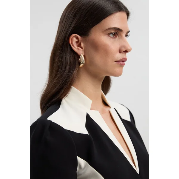 Robe Midi Ajustée à Ceinture avec Jupe Ample et Blocs de Couleurs en Tissu Stretch Compact