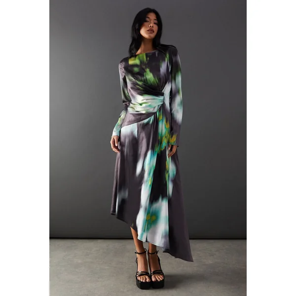 Robe Midi Asymétrique En Satin Imprimé Avec Nœud Devant