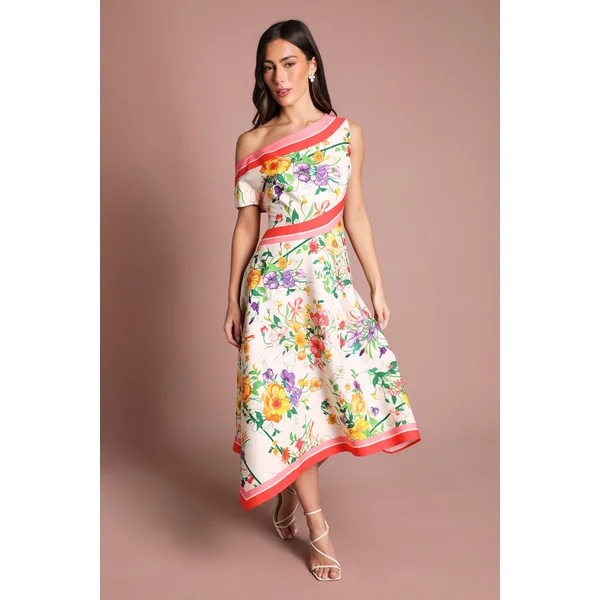 Robe Midi Asymétrique En Satin Imprimé À Épaules Dénudées
