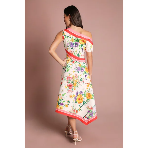 Robe Midi Asymétrique En Satin Imprimé À Épaules Dénudées