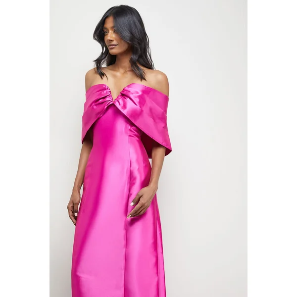Robe Midi Bardot à Encolure Échancrée en Sergé Satiné
