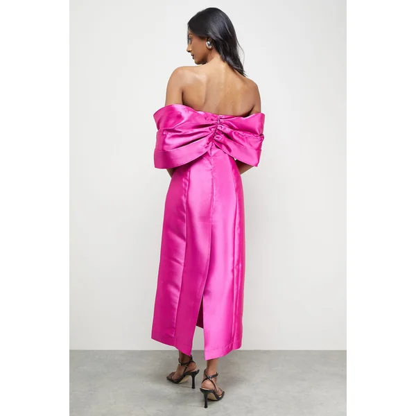 Robe Midi Bardot à Encolure Échancrée en Sergé Satiné