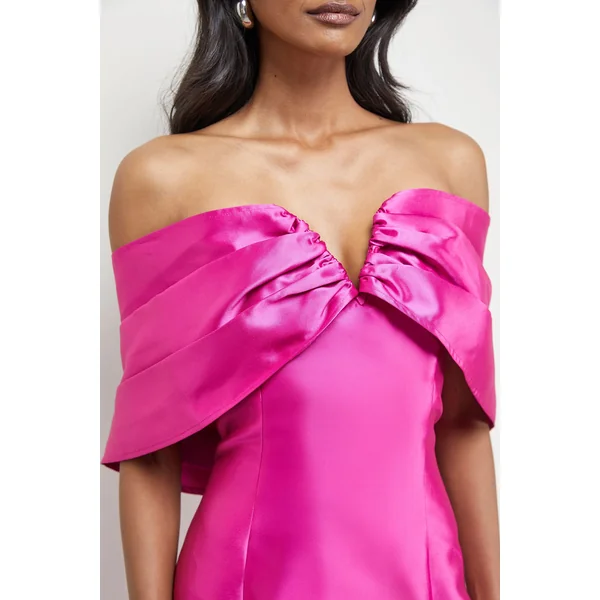 Robe Midi Bardot à Encolure Échancrée en Sergé Satiné