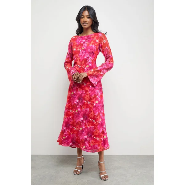 Robe Midi Biais à Encolure Bardot en Mousseline Florale Dévorée