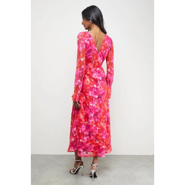 Robe Midi Biais à Encolure Bardot en Mousseline Florale Dévorée