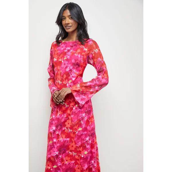 Robe Midi Biais à Encolure Bardot en Mousseline Florale Dévorée