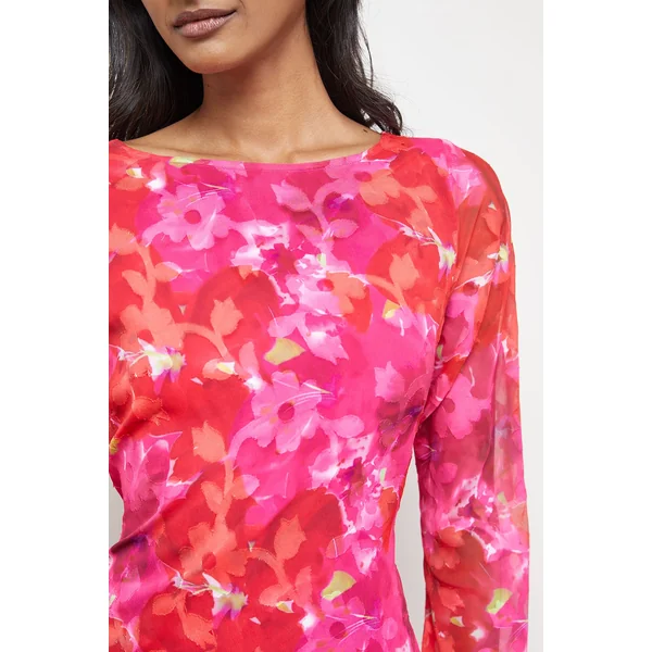 Robe Midi Biais à Encolure Bardot en Mousseline Florale Dévorée