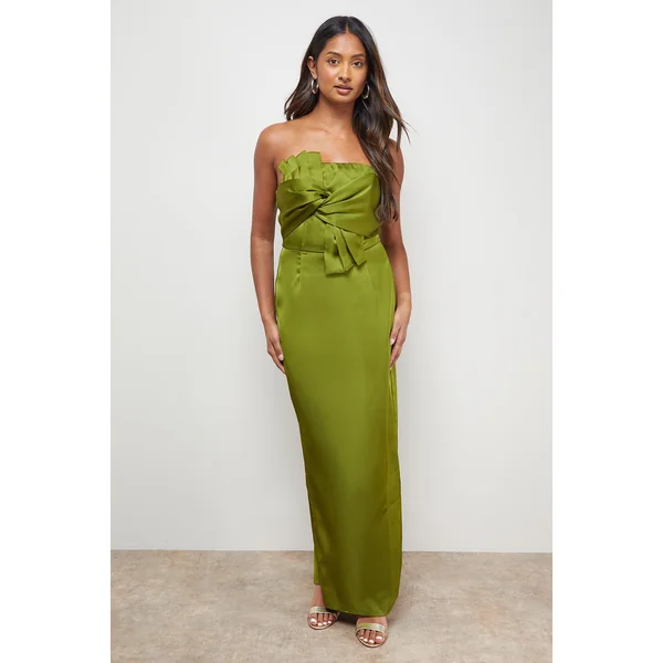 Robe Midi Bustier en Satin avec Nœud Frontal