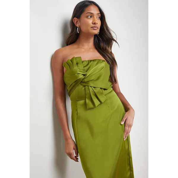 Robe Midi Bustier en Satin avec Nœud Frontal