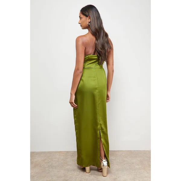 Robe Midi Bustier en Satin avec Nœud Frontal