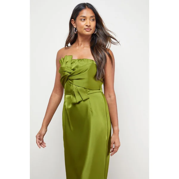 Robe Midi Bustier en Satin avec Nœud Frontal