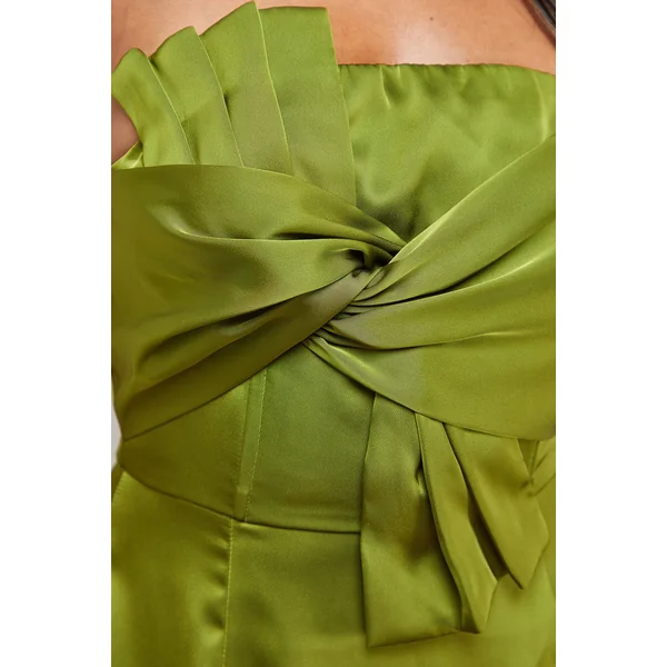 Robe Midi Bustier en Satin avec Nœud Frontal