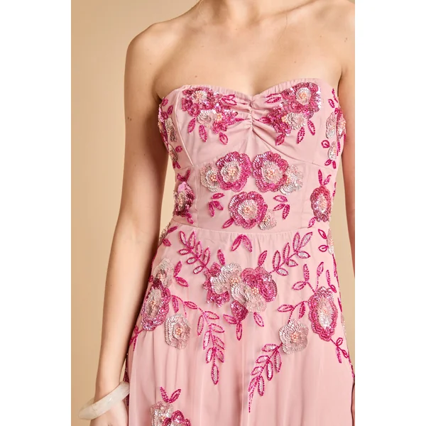 Robe Midi Bustier Premium À Ornements Floraux En Cascade