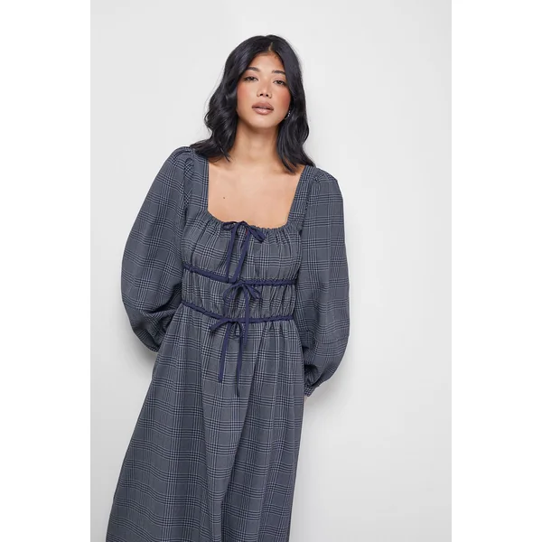 Robe Midi Carrée à Carreaux avec Liens Devant