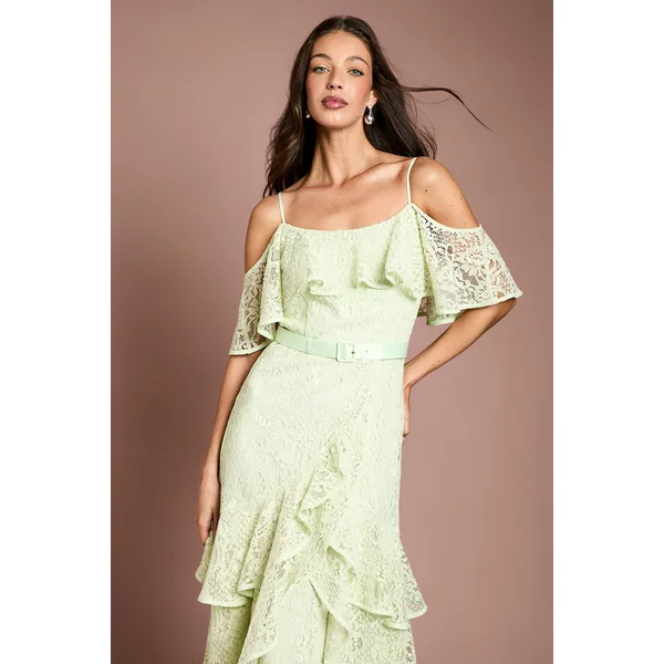 Robe Midi Ceinturée À Bretelles Avec Détails De Dentelle Et Volants