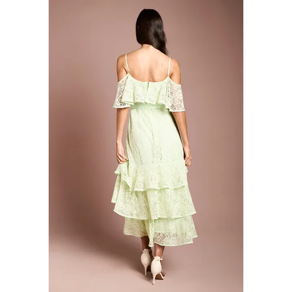 Robe Midi Ceinturée À Bretelles Avec Détails De Dentelle Et Volants