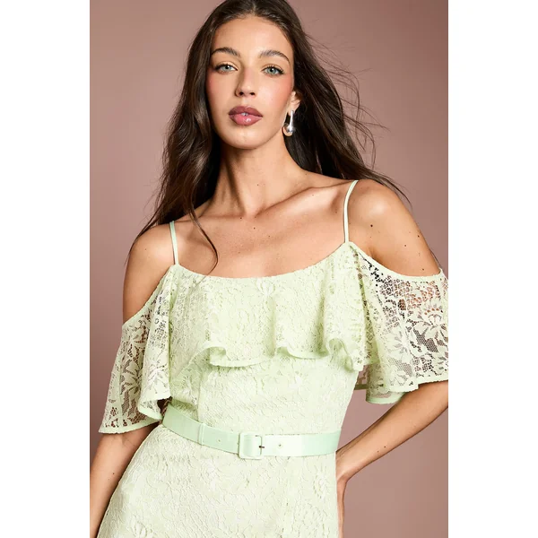 Robe Midi Ceinturée À Bretelles Avec Détails De Dentelle Et Volants