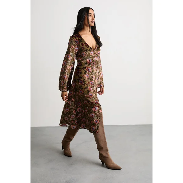Robe Midi Cintrée à Décolleté Plongeant en Dévoré