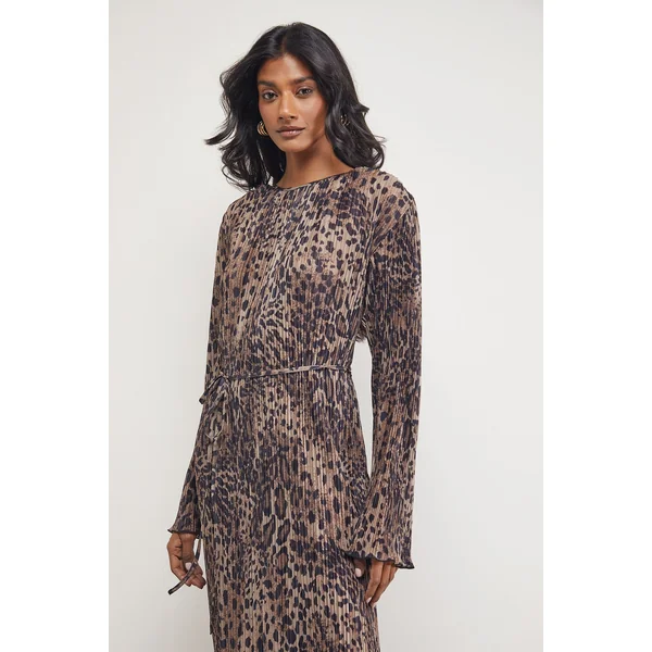 Robe Midi Colonne Plissée avec Ceinture