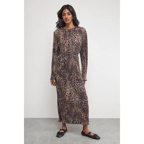 Robe Midi Colonne Plissée avec Ceinture