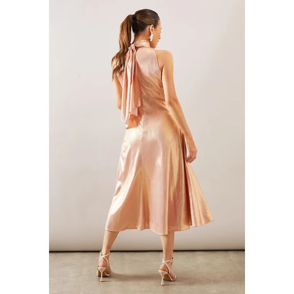 Robe Midi d'Occasion à Col Noué Métallisé