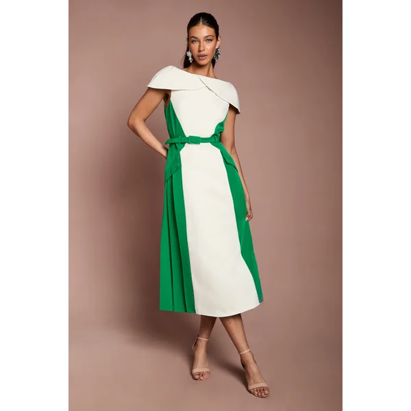Robe Midi En Crêpe À Blocs De Couleur Et Encolure Bardot