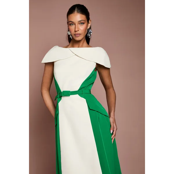 Robe Midi En Crêpe À Blocs De Couleur Et Encolure Bardot