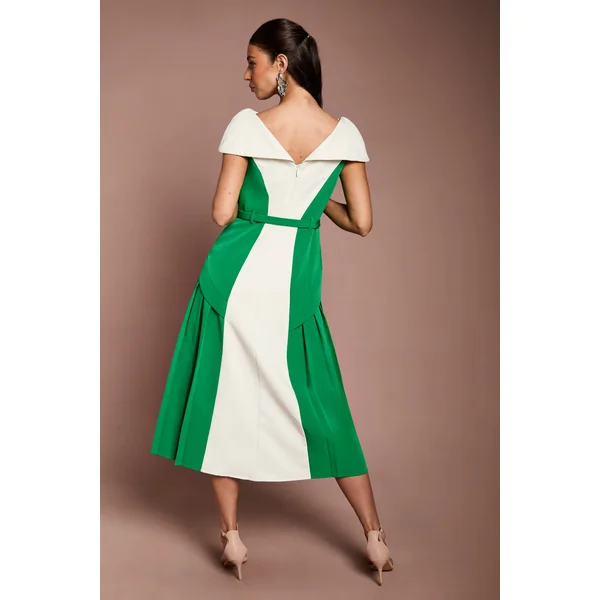 Robe Midi En Crêpe À Blocs De Couleur Et Encolure Bardot