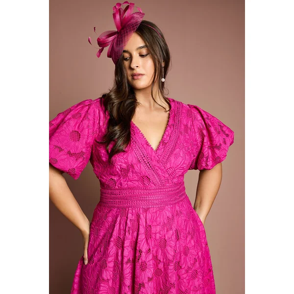 Robe Midi en Dentelle Grande Taille avec Manches Bouffantes