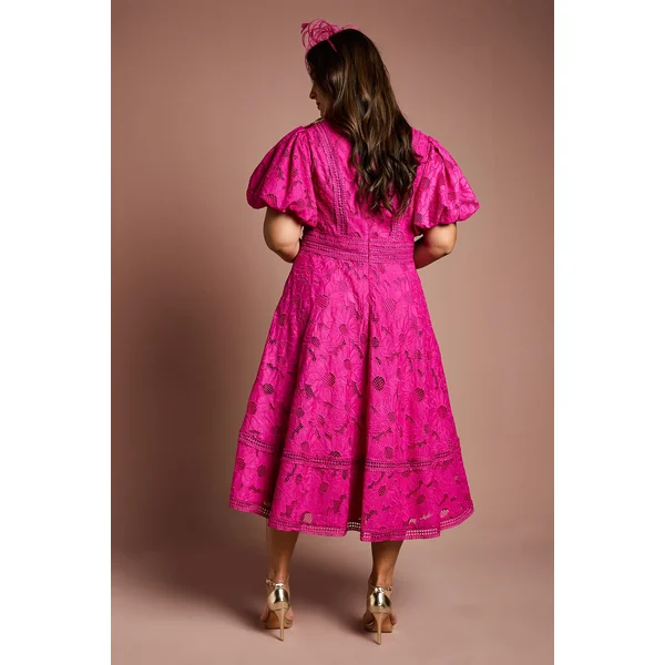 Robe Midi en Dentelle Grande Taille avec Manches Bouffantes