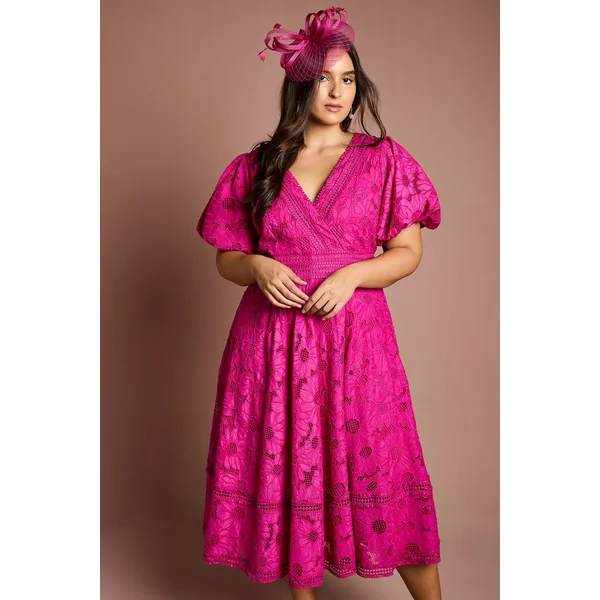 Robe Midi en Dentelle Grande Taille avec Manches Bouffantes