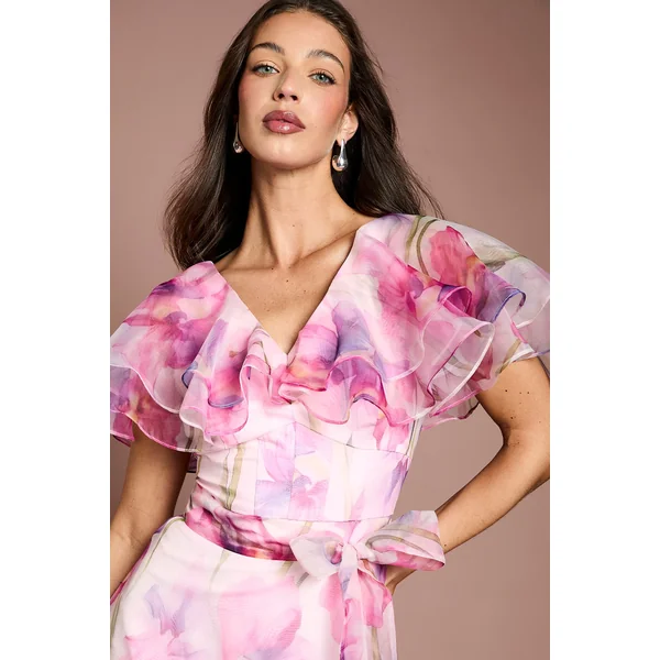 Robe Midi en Organza Imprimé à Manches Volantées