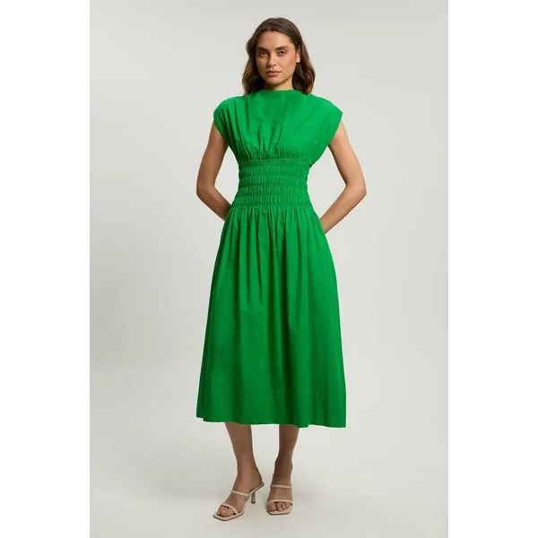 Robe Midi En Popeline De Coton Avec Taille Froncée