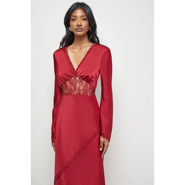 Robe Midi en Satin à Manches Évasées et Inserts de Dentelle